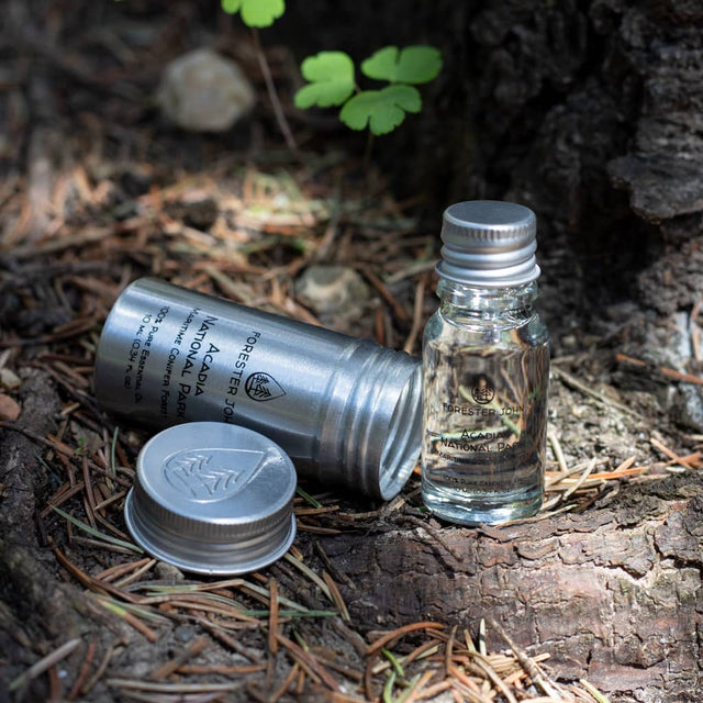 Image of woodsy essential oil from Acadia National park sitting on a tree root.